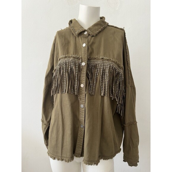 Zara Olive Green Cotton Fringe Trim Studded Snap Button Western Jacket Size Lg - Picture 9 of 9